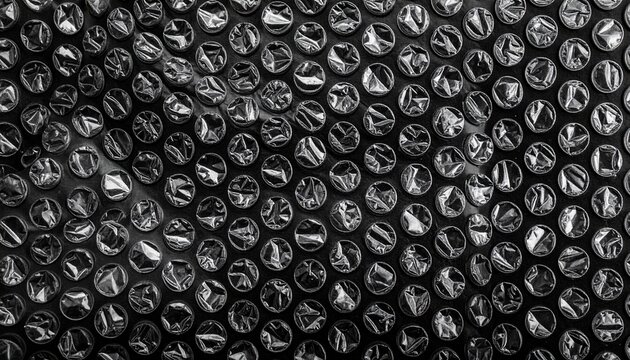 A detailed close up view of a protective plastic bubble wrap sheet texture featuring a repetitive pattern of round air filled translucent cells.