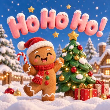 Cute gingerbread man holding candy cane with christmas tree in snow