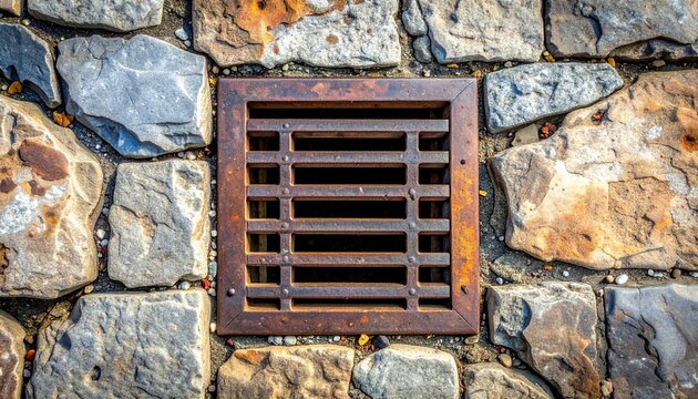A rustic metal storm drain grate set within an old weathered stone cobblestone walkway creating a textured industrial urban architecture detail.