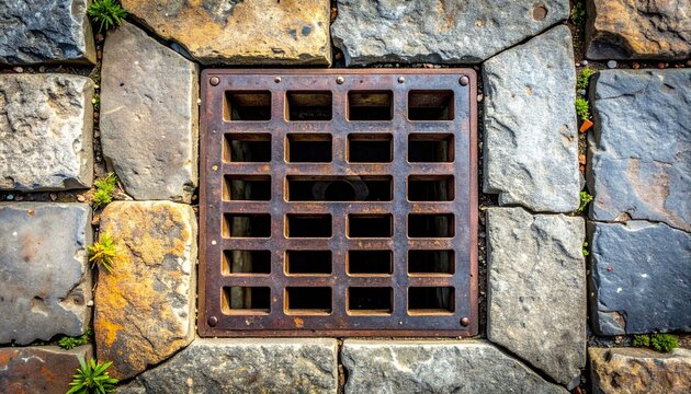 A detailed top down view of a rustic metal storm drain grate set into a textured stone cobblestone street pathway in an urban city environment.
