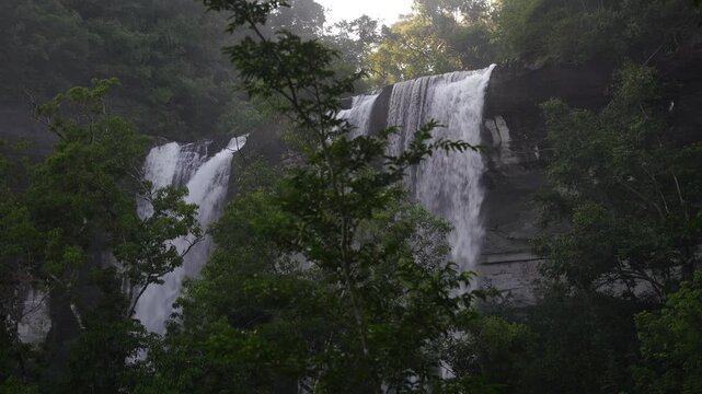 Wide Cascading Waterfall Framed by Forest Trees
