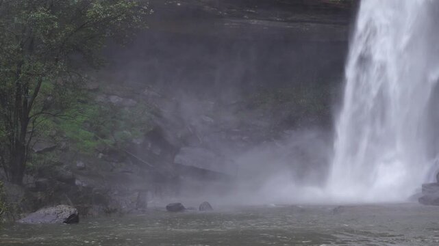 Tall Waterfall Plunging into a Misty Forest Pool