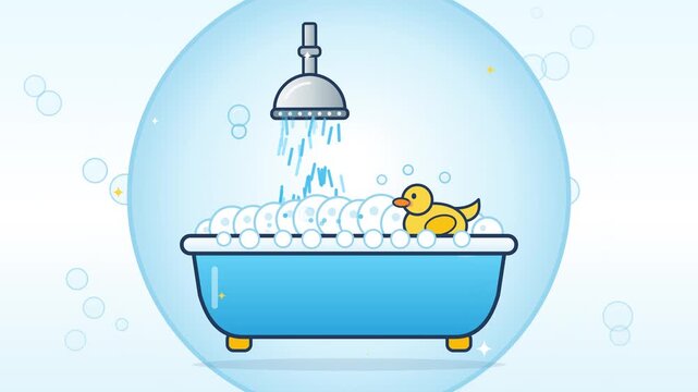 Flat 2D Animated Rubber Duck in Bubble Bath with Flowing Water and Floating Bubbles Loop