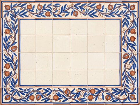 Blue and terracotta pomegranate tile border around a blank ceramic center. AI generative
