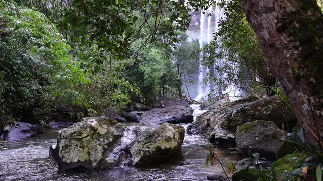 Tall Waterfall Framed by Trees and Rocky Stream
