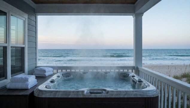 Beautiful ocean porch has wooden floor white railing left side there large window shutters center towels folde
