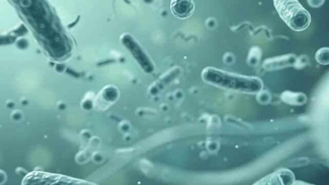 Microscopic view of numerous rod-shaped bacteria and spiral microorganisms floating in a blue-green fluid, captured with a shallow depth of field for a scientific illustration.