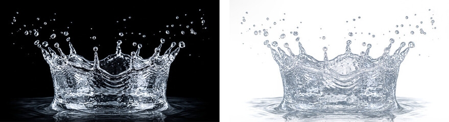 Water splash crown with liquid ripples and falling droplets isolated on transparent background clear fluid motion for purity and freshness concepts. © ATIQULISLAM