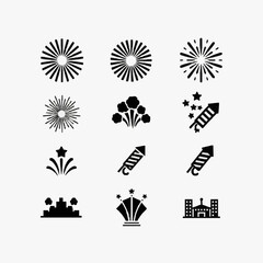 Fototapeta premium Clean Black and White Fireworks Sparklers Firecrackers and Celebration Icons Set with high quality professional line art symbols for modern creative design and digital branding projects