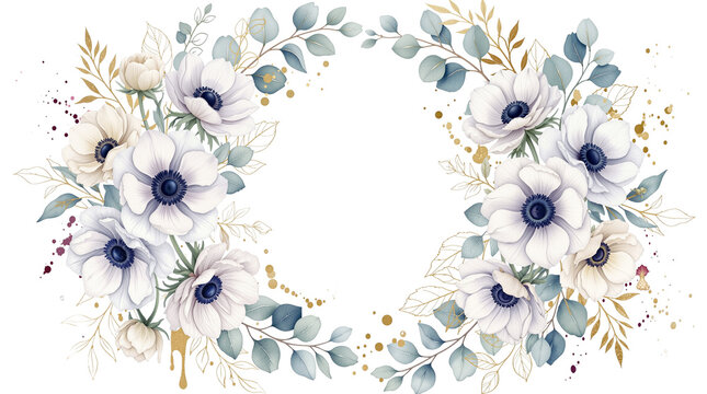 Ethereal White Watercolor Floral and Gold Foil Frame Isolated