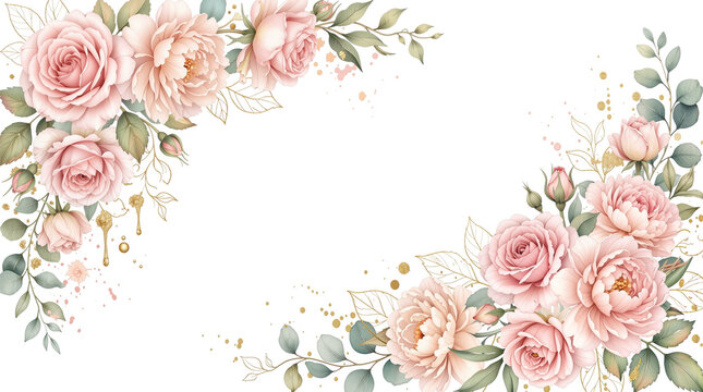 Watercolor Blush Rose and Gold Foil Floral Corner Border Isolated