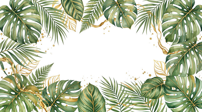Tropical Watercolor Leaves and Liquid Gold Frame Border Isolated