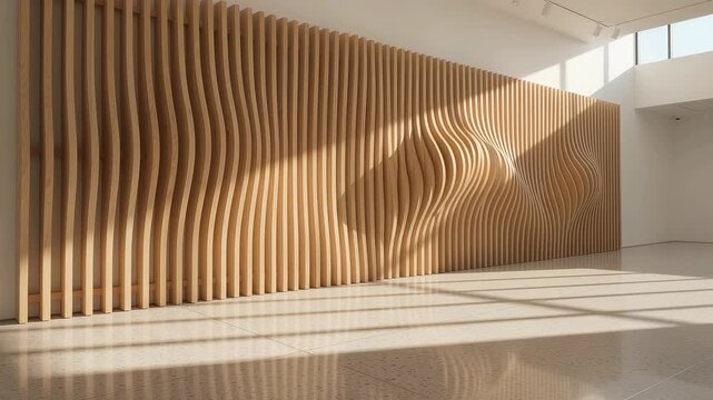 Wooden parametric wall panel feature inside modern architectural room interior showcasing serene atmosphere with elegant timber paneling dynamic wave pattern smooth floor bright natural sunlight
