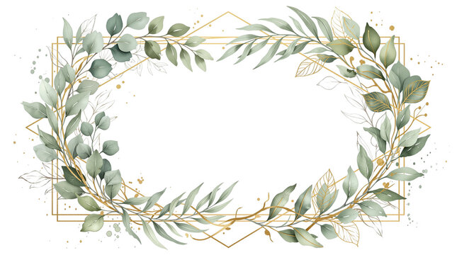 Sage Green Watercolor Leaves Gold Foil Geometric Frame Isolated