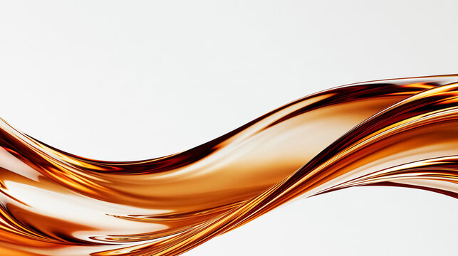 Golden amber liquid creating a transparent flowing wave, showcasing beautiful curves and reflections. Abstract fluid motion on a white background