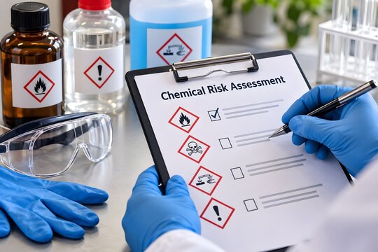 Chemical risk assessment in a laboratory setting for the concept of science and safety.