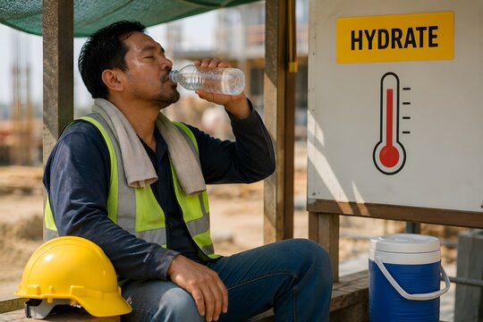 Construction worker drinking water to stay hydrated at a construction site for the concept of heat stress and worker safety.