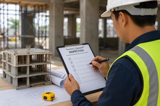 Construction worker inspecting a building plan for the concept of building development and safety.
