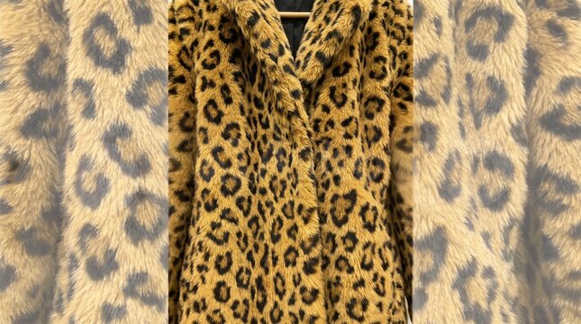 Close-up of a stylish faux fur coat with leopard animal print pattern