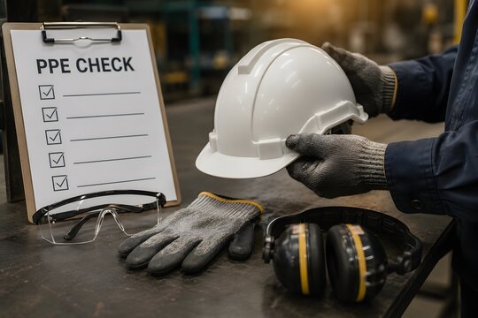 A close-up of personal protective equipment or PPE check on a clipboard with hard hat, glasses, and earmuffs for workplace safety and industrial concept.