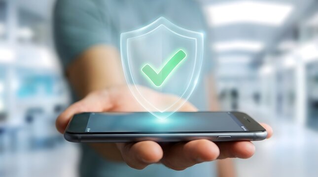 A hand holding a smartphone with a security shield icon for the concept of digital safety and protection.