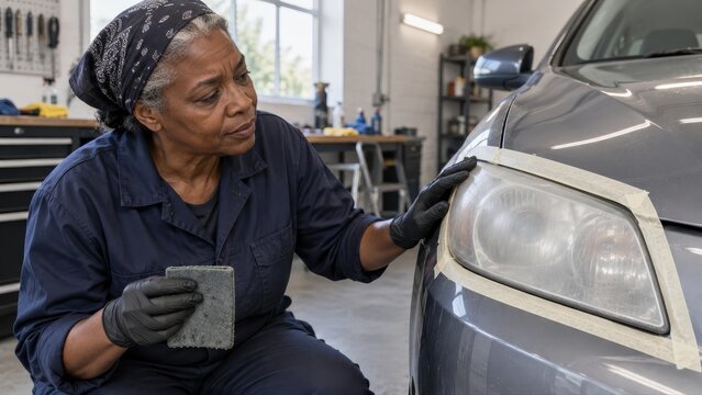 Technician checking a prepared section of a cloudy headlamp while holding the damp pad clear and inspecting its masking tape boundary before continuing exterior lens restoration