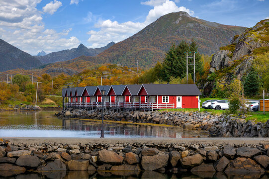 Scenic autumn landscape at Skarungen and Sandvika in the Lofoten Islands, Norway
