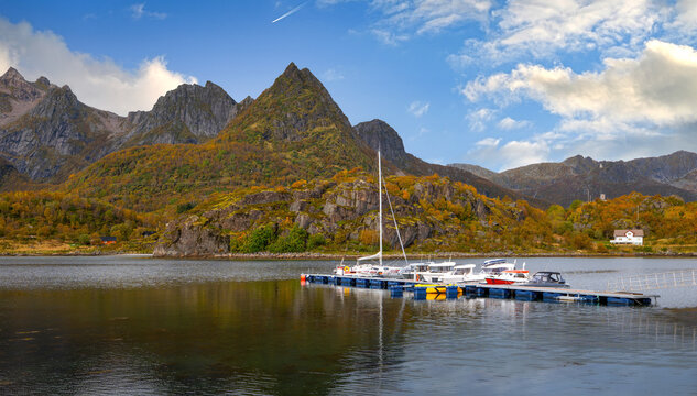 Scenic autumn landscape at Skarungen and Sandvika in the Lofoten Islands, Norway