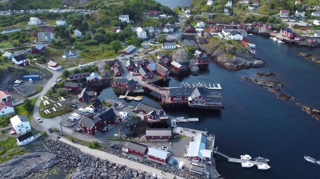 Lofoten Islands Norway, summer scenery with traditional fisherman cabins in the historic village of A, Norway
