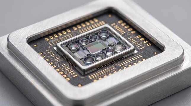 Modern electronic image sensor chip mounted on a metal frame with component integrated circuit high tech microchip semiconductor microprocessor hardware technology close