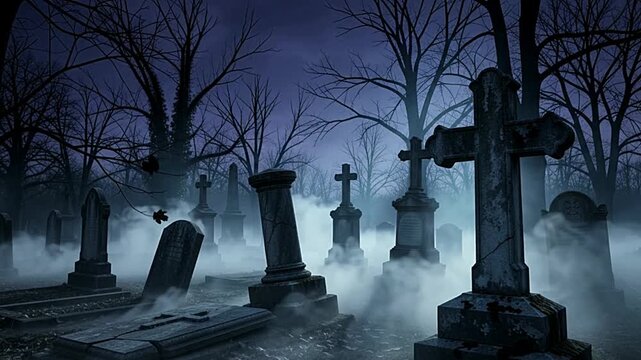 Spooky graveyard with eerie fog rolling over old stone headstones during dark night