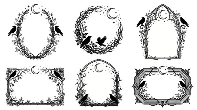 Gothic decorative frames with crescent moon and wreath motifs in elegant line art
