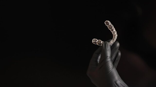 A gloved hand presents a clear dental retainer against a dark studio backdrop