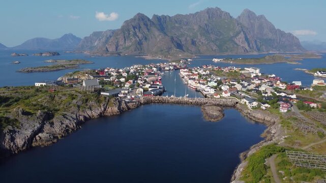 Aerial shot of Henningsvaer, Lofoten in Norway