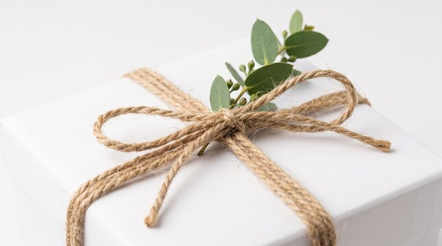 Wrapped gift box tied with jute twine and eucalyptus leaves on white