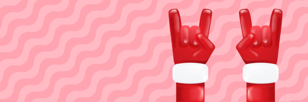Santa Claus hands showing devil horns metal gesture in red gloves with white fur cuffs on right side of pink diagonal wavy stripes banner, copy space, glossy 3d vector for Christmas rock party