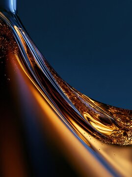 Abstract golden liquid wave with small bubbles against a dark blue background, representing fluid dynamics and luxury