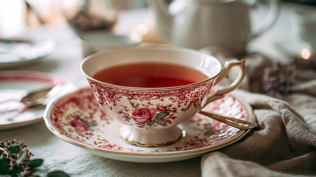 Steaming hot tea in a beautiful vintage teacup with red roses and gold accents on a linen tablecloth, creating a cozy atmosphere
