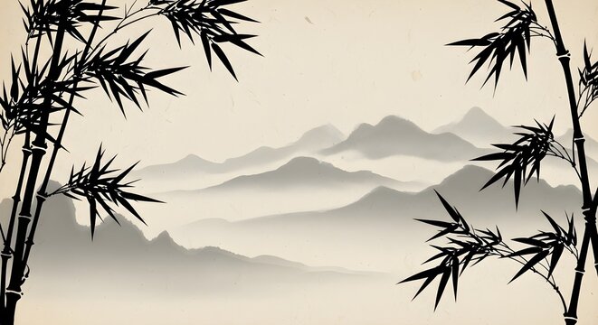 Traditional Ink Wash Landscape featuring bamboo silhouettes framing misty mountain peaks on textured paper ideal for zen meditation backgrounds and perfect for Asian cultural designs.