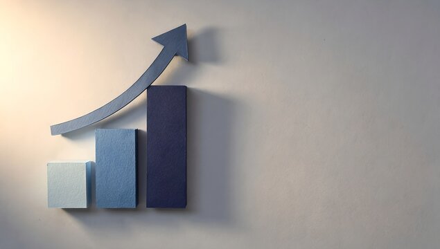 A 3D bar chart showing an upward trend with an arrow indicating growth, set against a lightly textured wall