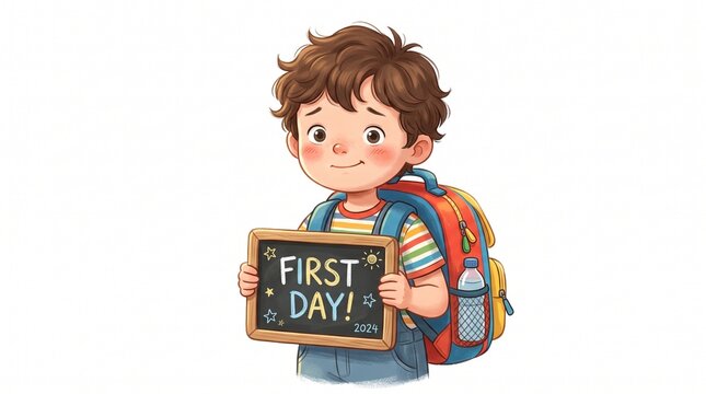 First Day 2024 cheerful boy holding chalkboard sign backpack water