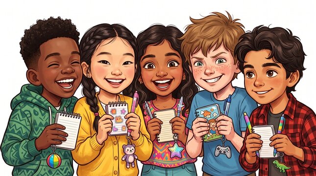 Diverse children smiling holding notebooks pens markers art supplies