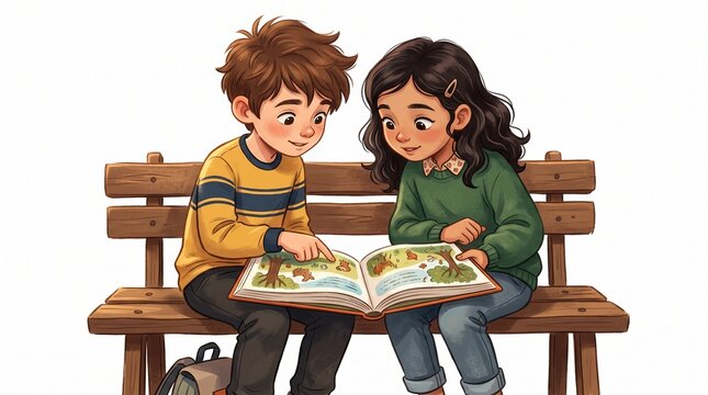 Children reading illustrated book together on wooden park bench with
