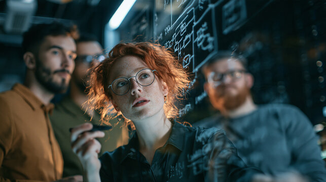 Female Software Engineer Brainstorming with Team on Glass Board