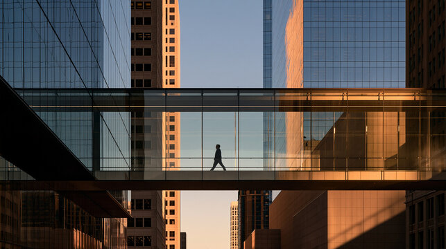 Silhouette of Person Walking Across Glass Skybridge in City