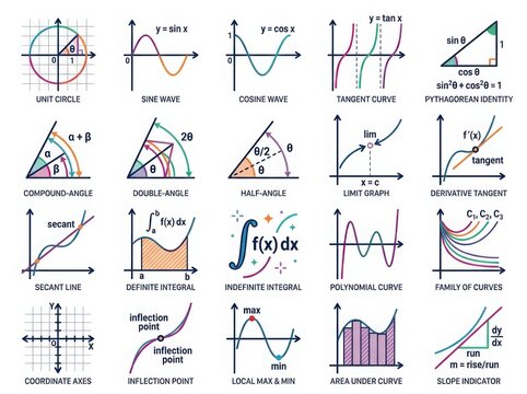 Trigonometric functions and calculus graphs with labeled axes and