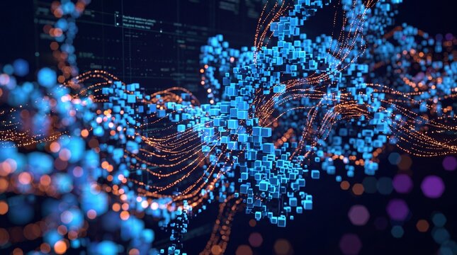 Futuristic Big Data Visualization with Glowing Cubes and Particles