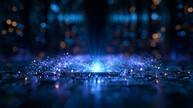 Glowing Microchip Emitting Data Light on Circuit Board