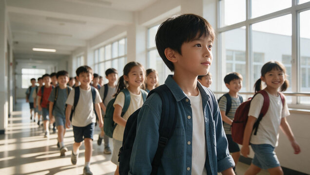 Asian Elementary Students Walking Along School Hallway with Backpacks