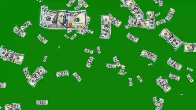 Continuous dropping US one hundred dollar bills wealth rain motion graphics with chroma key on green screen background